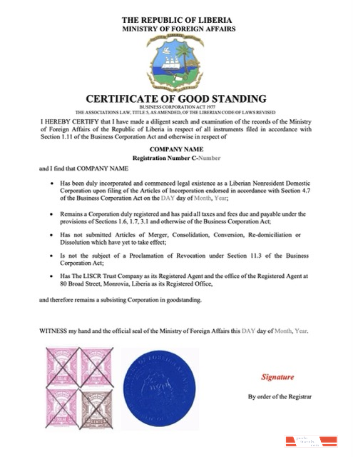Liberia certificate of good standing Word and PDF template